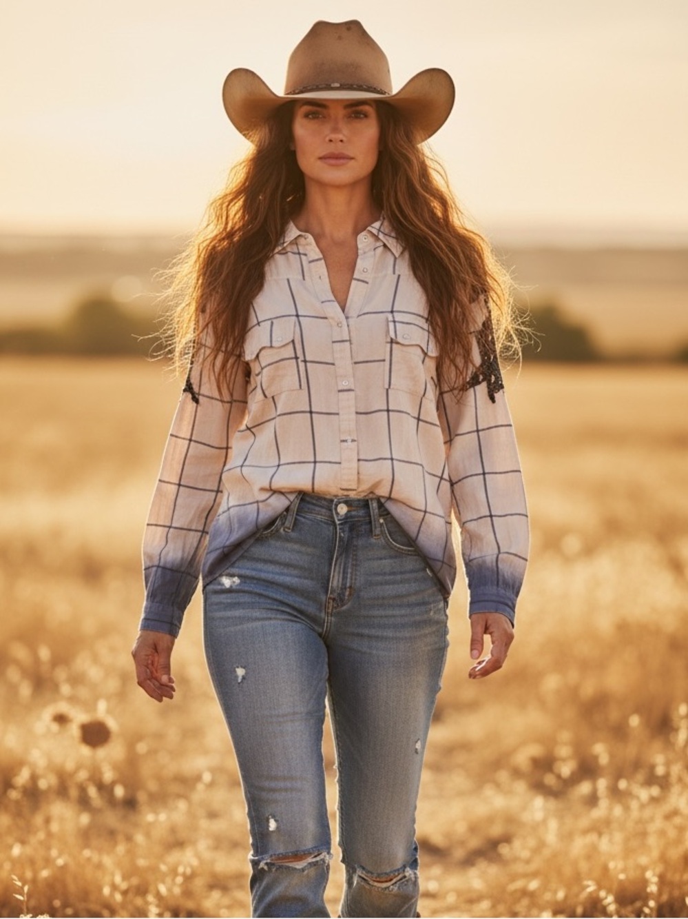 Gimmicks Ombré Plaid Lace Shoulder Button Front Western Boho Cotton Flannel